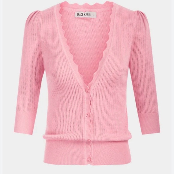 Grace Karin Sweaters - Grace Karin Baby Pink Cardigan Puff Sleeve Ruffle Cottage Core Feminine Size XL